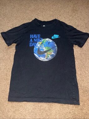 Nike Black Kids T-Shirt with Earth Graphic and Blue Accents